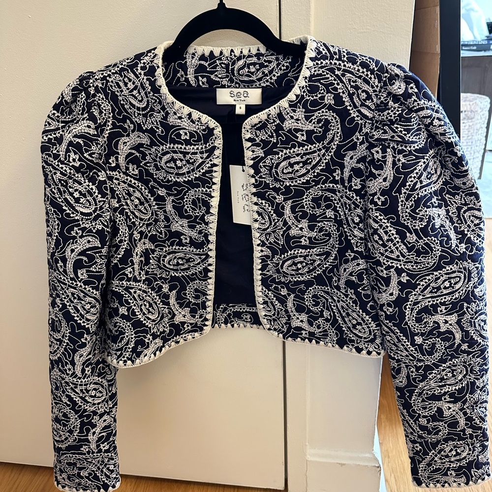 Sea New York Navy and White Embroidered Cropped Jacket